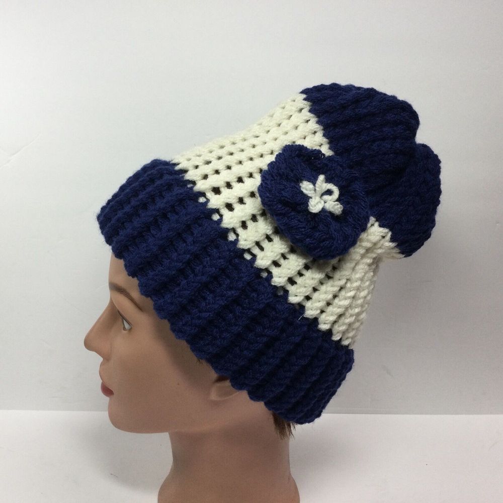 Handmade Crochet Toboggan Knit Beanie Winter cap hat Blue‎ / White